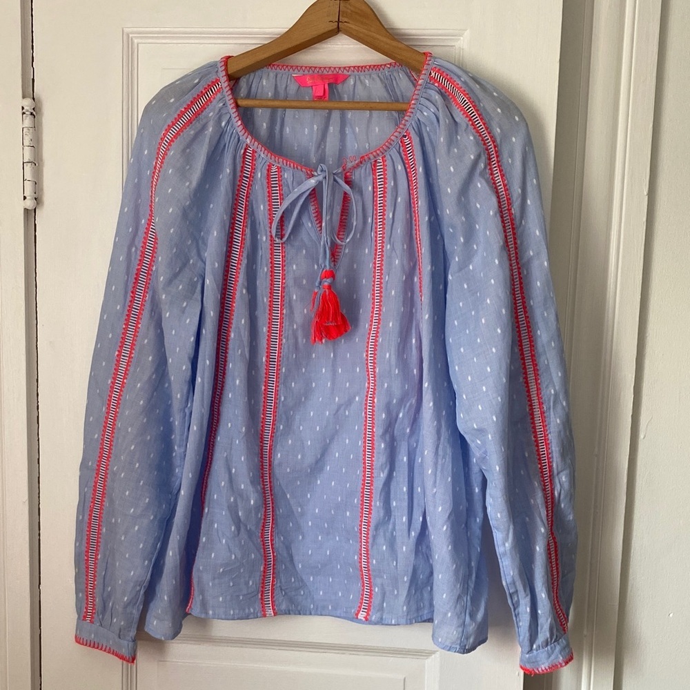 Lillly Pulitzer Blue and Pink peasant Blouse size large boho